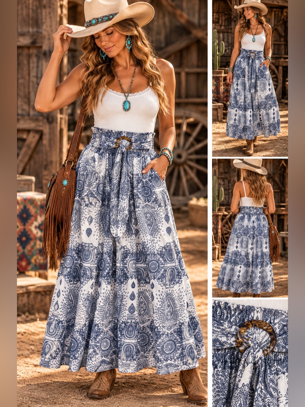 Boho Paisley Maxi Skirt Blue White Smocked Waist Belt Buckle S/M